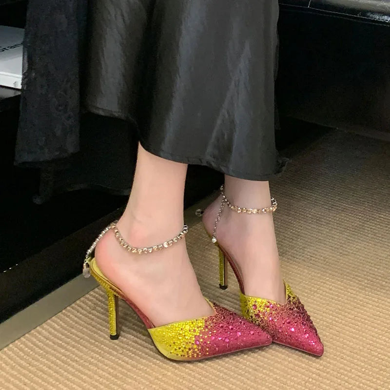 Fashion Luxury Rhinestones Ladies High Heels Shoes Bling Female Pointed Toe Footwear Ankle Buckle Women Thin Heels Shoes Pumps