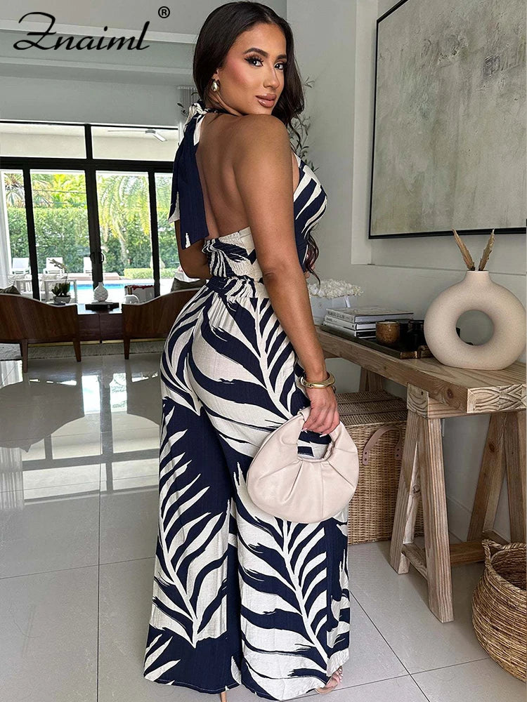 Znaiml Sexy Boho Leaf Printed Wide Leg Pants Sets for Women Halter Sleeveless Crop Tops and Trousers Two 2 Piece Vacation Outfit