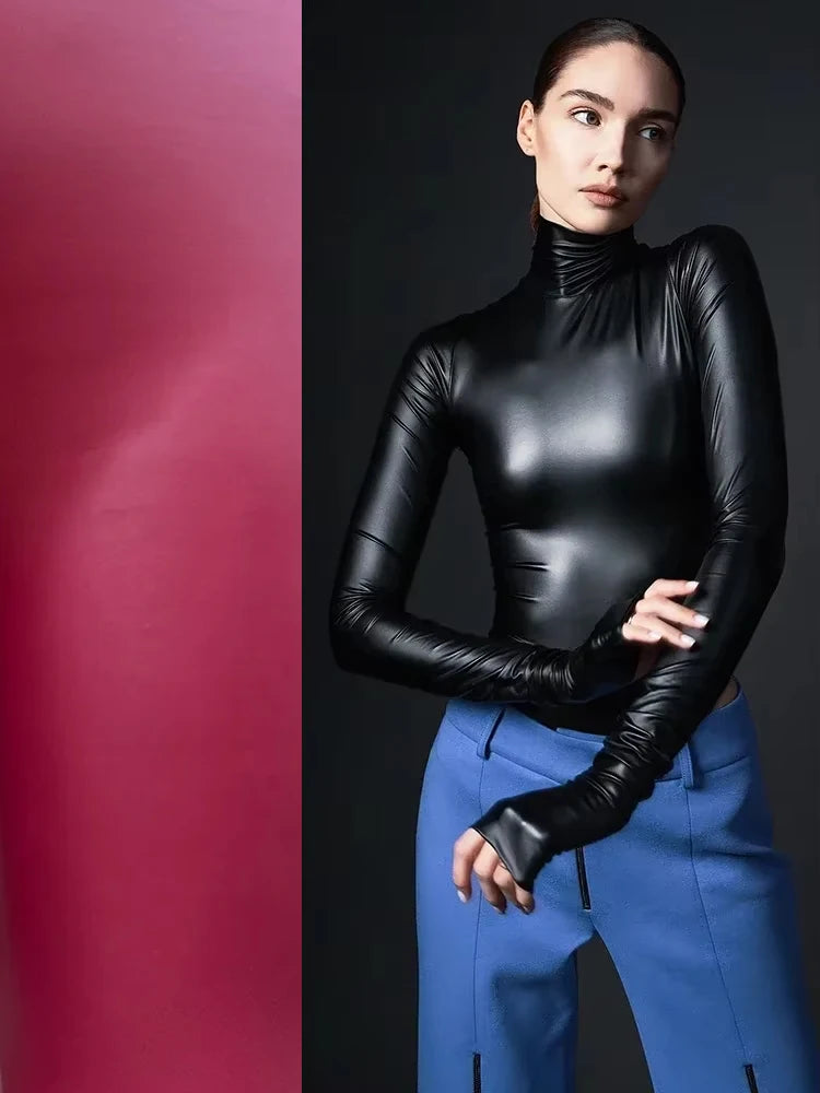 Women Faux Leather Bodysuits Long Sleeve High Neck Slim Jumpsuits Ladies Sexy Stretch Bodycon Bodysuits Party Clubwaer Custom