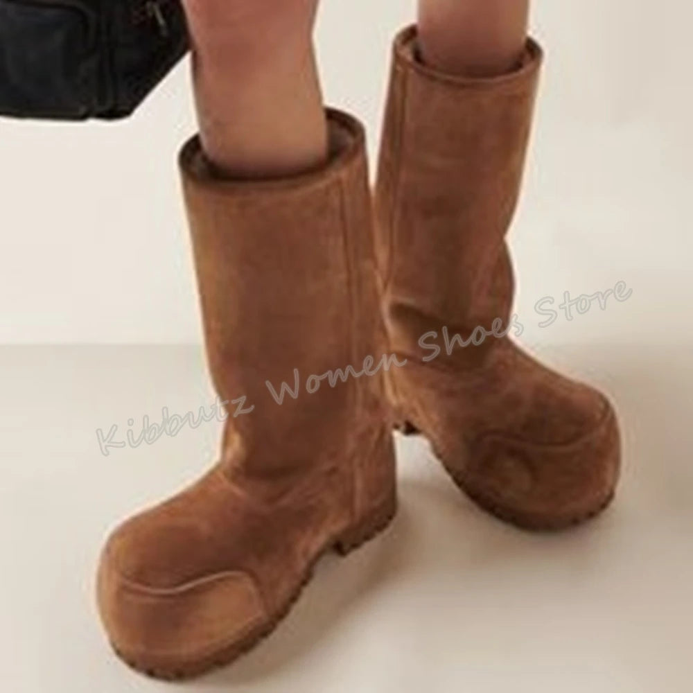 Suede Warm Winter Snow Boots Knee High Big Round Toe Flat With Outdoor Fashion Concise Luxury Sexy Novelty Slip-On Shoes Newest