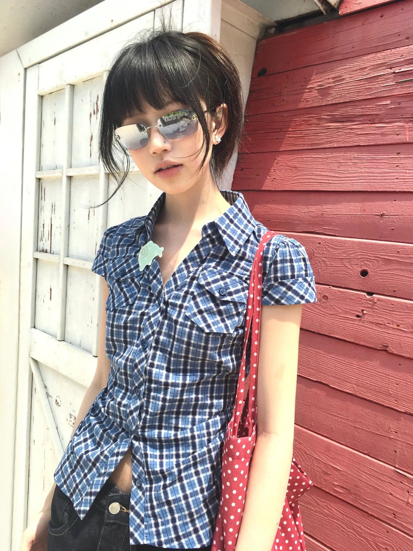 Karrram Japanese Y2k Plaid Shirt Vintage Harajuku V-neck Blouses Korean Fashion Women Short Sleeve Shirts 2000s American Retro