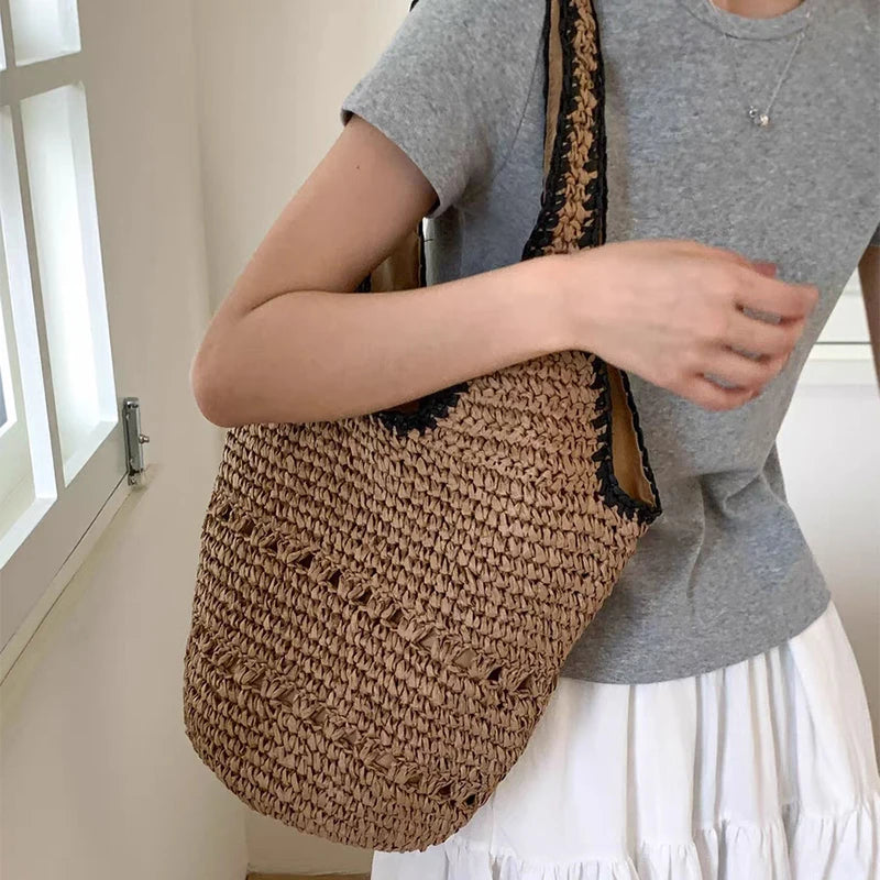 Handmade Straw Tote Bag Simple Versatile Y-shaped Luxury Fashion Shoulder Bag Women Holiday Dating Large Capacity Storage Bag