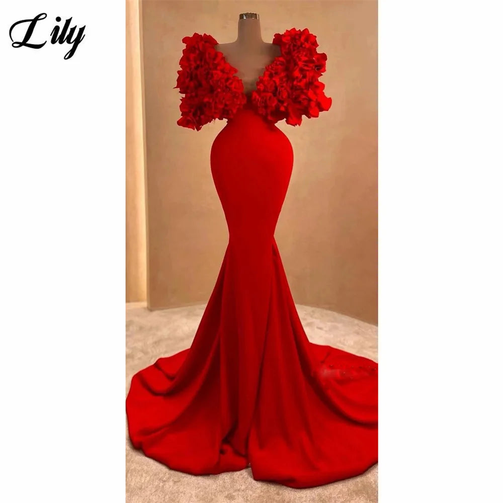Lily Glamorous Red Prom Dress V - Neckline Mermaid Evening Dresses with Exaggerated Floral - Shoulder Formal Gown Customized