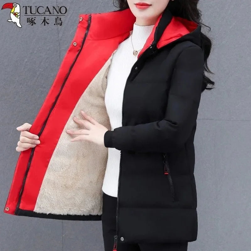 Detachable Hooded Parka Windproof jacket Female's winter jacket plush and Thickened High-End Women's Short Cotton Coat Patchwork