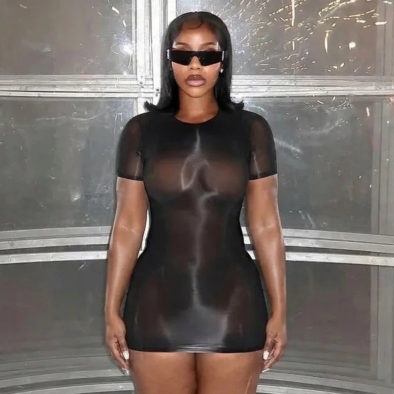 Sheer Short Sleeve Stretch Bodycon Mini Dress Solid Color for Women