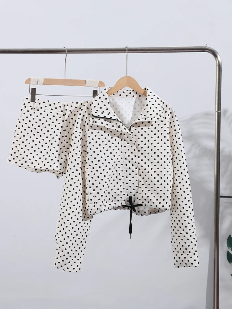 Loose Polka Dot Zipper Women's Shorts Set Stand Collar Patchwork Full Sleeve Pockets Jacket Tie Up Short Pant Suit Summer Outfit