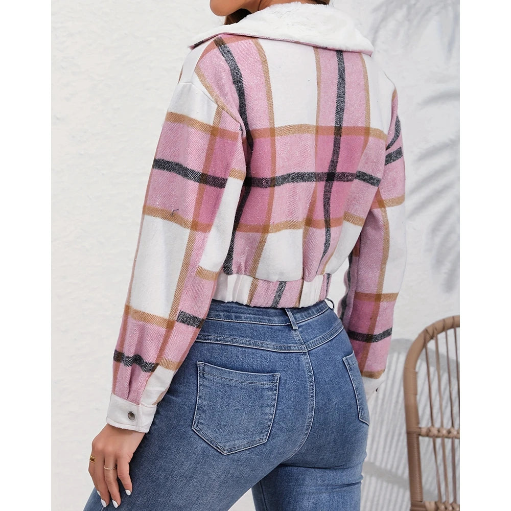 Women Fluffy Turn-down Collar Striped Print Covered Button Short Jackets Autumn Long Sleeve Coat Outfits Winter Clothing