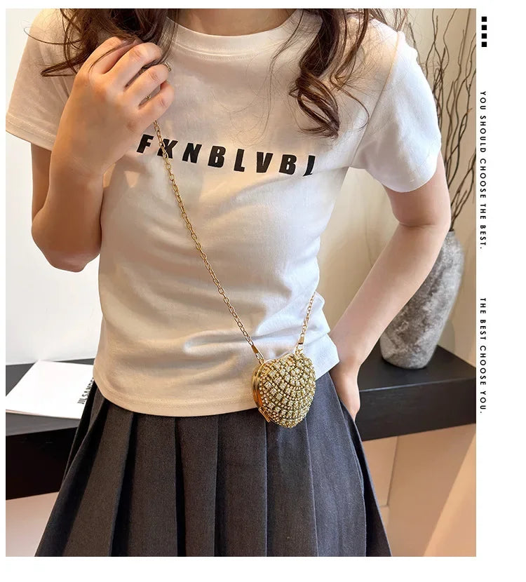 Luxury Mini Diamond Inlay Heart Shape Crystal Clutch Purse Stones Evening Wedding Party Shoulder Bag Handle Rhinestone Handbags