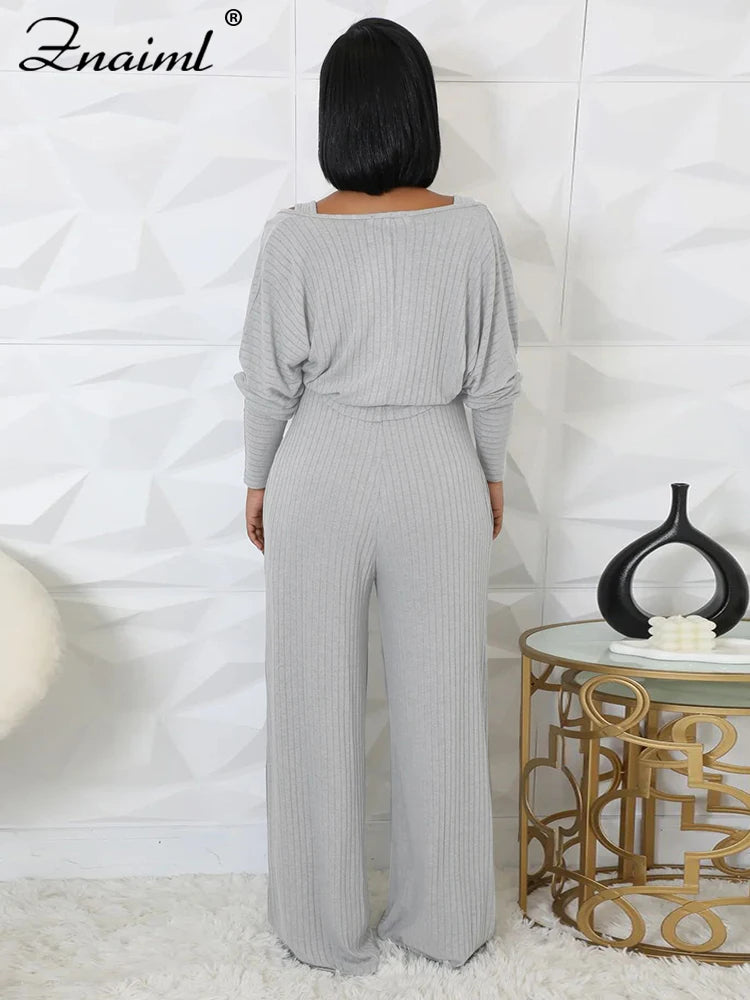 Znaiml Blue Knitted Ribber Wide Leg Pants Jumpsuits and Crop Coat Tops Two 2 Piece Women Sets Autumn Streetwear Birthday Outfits