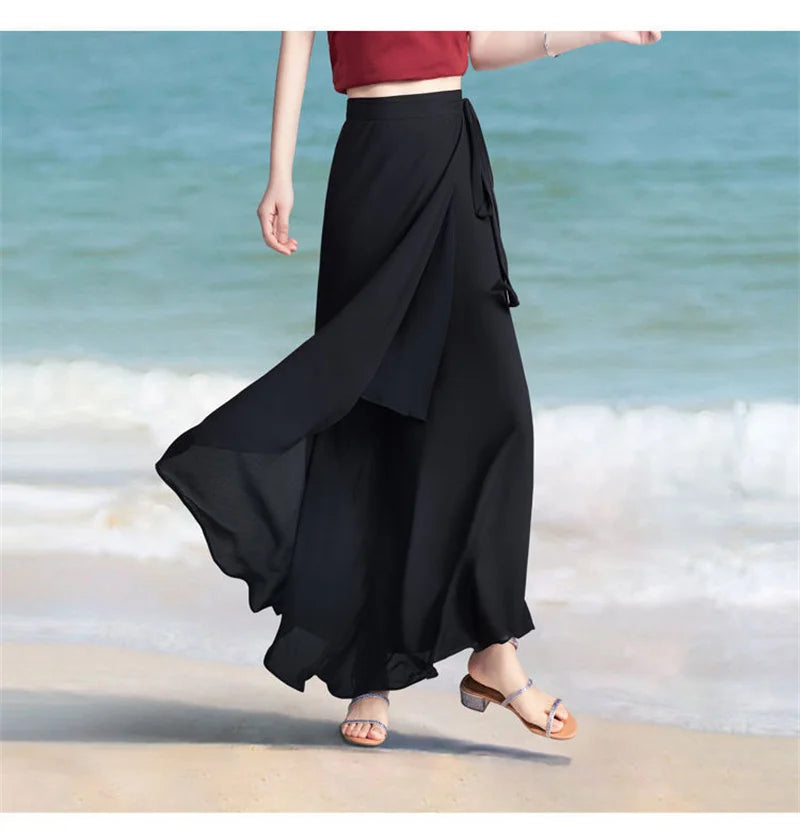 Lace-Up Summer Skirt Holiday style Chiffon Halfskin Skirt Women's 2023 Summer New Thin Dropping Long Wrapped Hip Skirt Khaki Bla