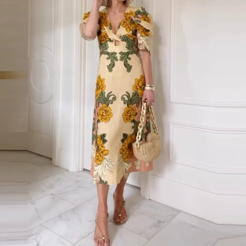 Casual Women's Beach Long Dresses Sexy Deep V Neck Puff Sleeve Party Dress New Summer Retro Printed High Waisted Dress Vestidos
