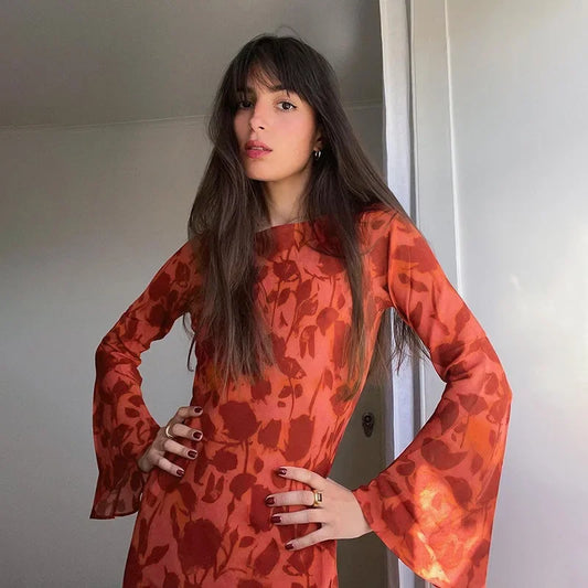 Temperament printed crewneck basic dress female fall style fashion elegant slim dress