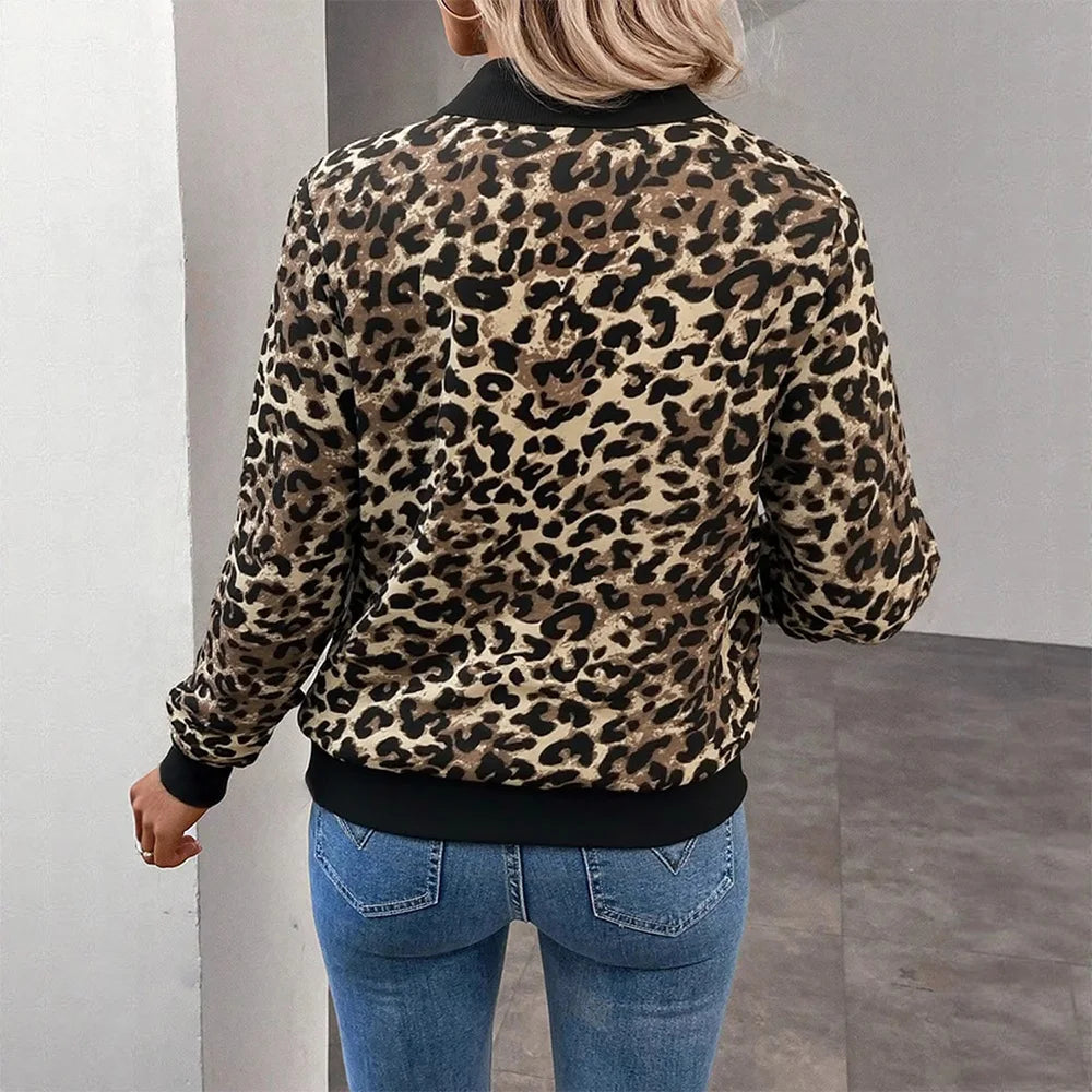 Women's Leopard Stand-Up Collar Long Sleeve Zipper Cardigan Coat Jackets Autumn Ladies Casual Loose Outwear Outcoat Size S-2XL