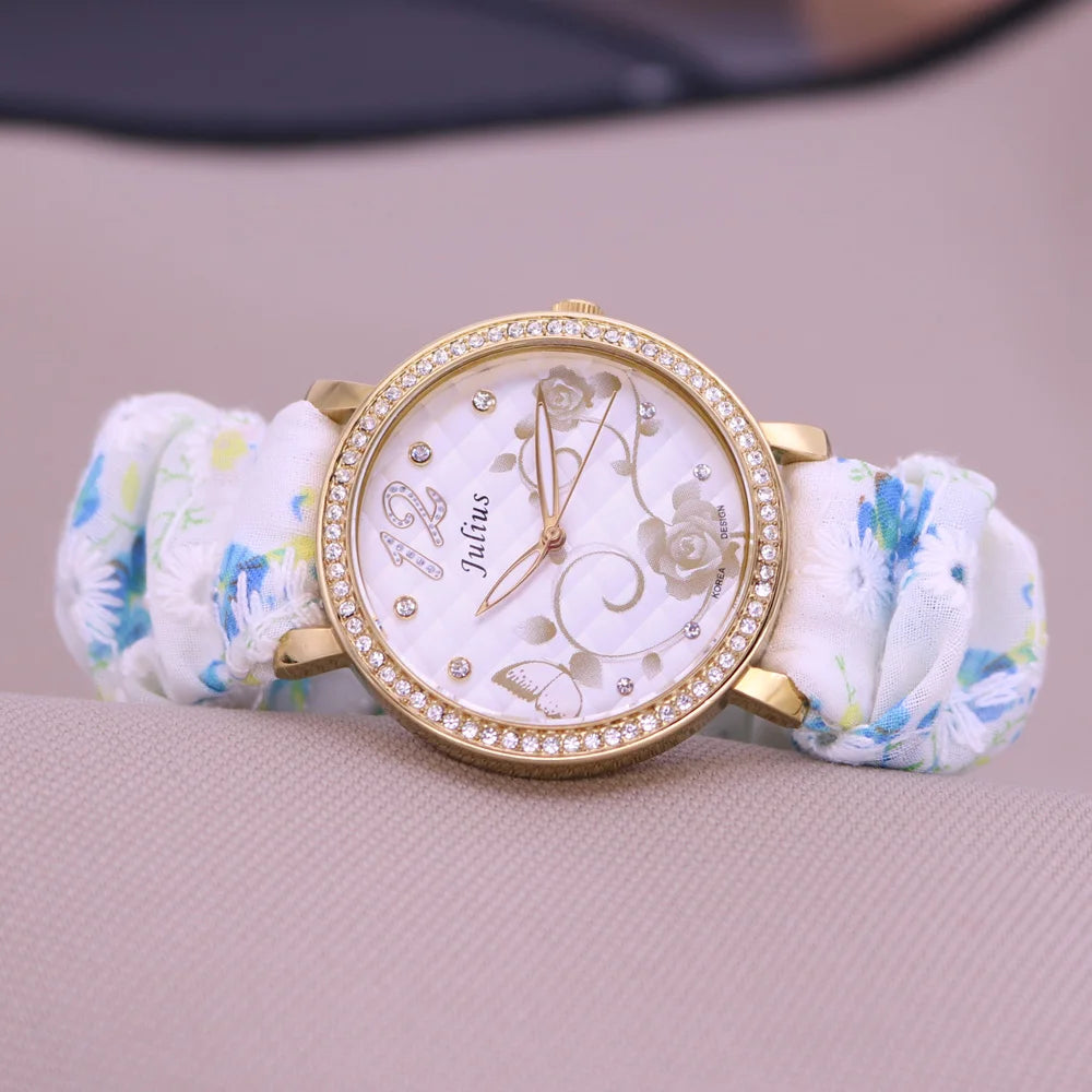 Rose Flower Japan Quartz Lady Women's Watch Elegant Lattice Fashion Hour Bracelet Elastic Watch Band Girl's Gift Julius No Box