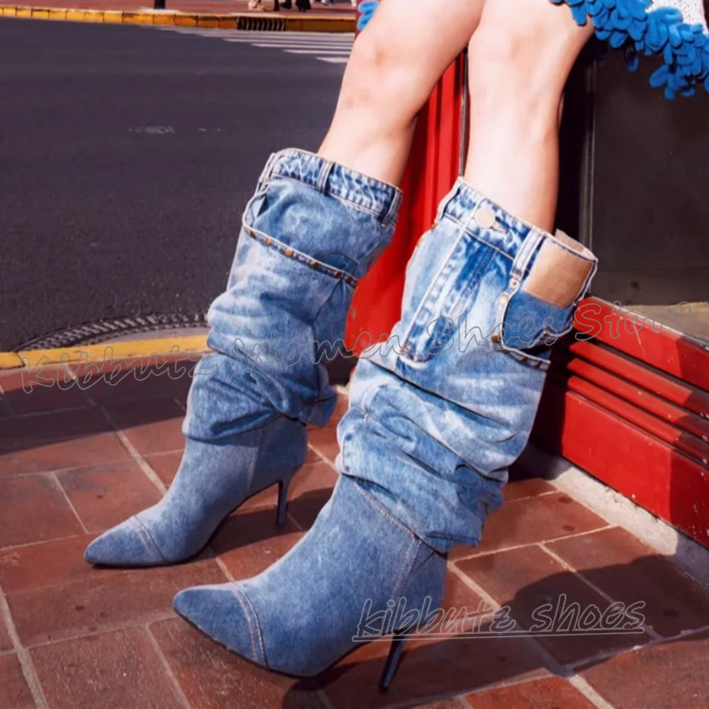 Pocket Over The Knee Boots Denim Cloth Slip-On Bottom Solid Color Novelty Fashion Concise Sexy Hot Girls Shoes Pointy Thin Heels