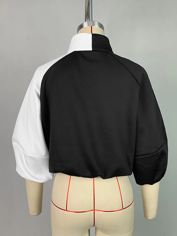 Women Fashion Patchwork Stand Collar Jackets 2025 New Spring Autumn Puff Sleeves Loose Fit Casual Korean Style Outerwears