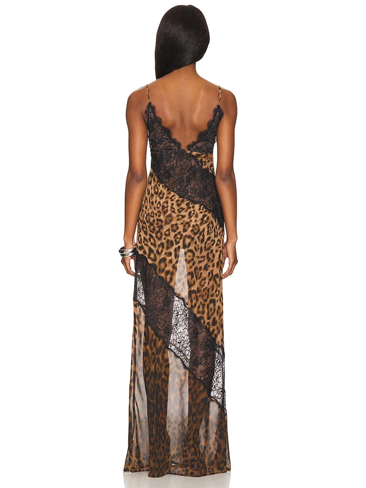 Weird Puss Mesh Patchwork Mermaid Dress Women Leopard Print Sexy Low-Neck Cleavage Backless Ruched Midnight Fashion Long Bodycon
