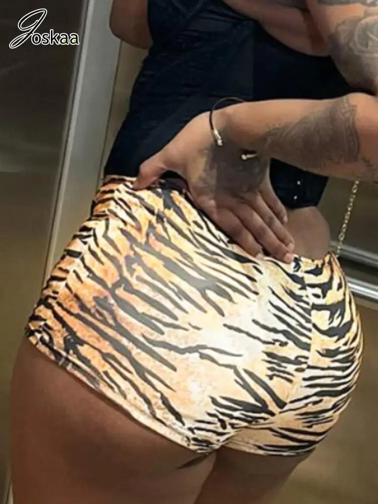Joskaa Tiger Stripe Print Shorts Women Hipster Sexy Low Rise Bandage Hot Pants 2025 Summer Holiday Party Club Bottoms Streetwear