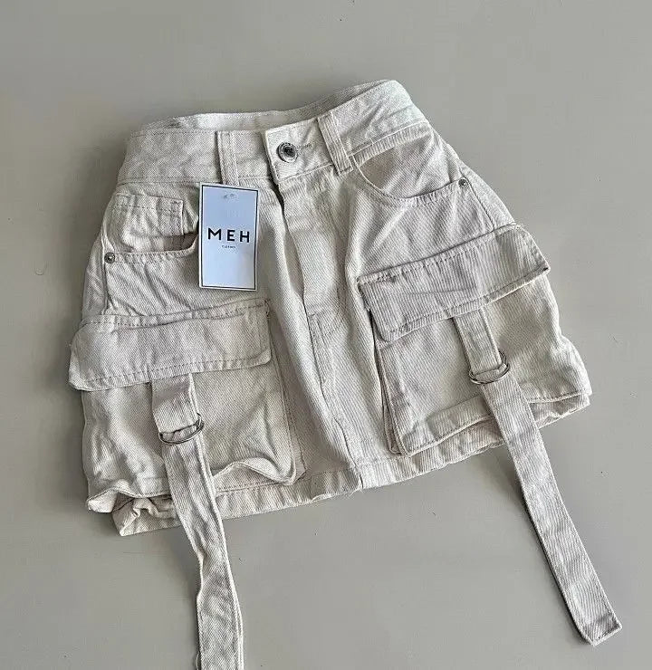 Y2K Short Skirt Fashion Retro Blue Multi Pocket Denim Shorts Womens Gothic Cargo Baggy Denim Shorts High Waist Slim Mini Skirt