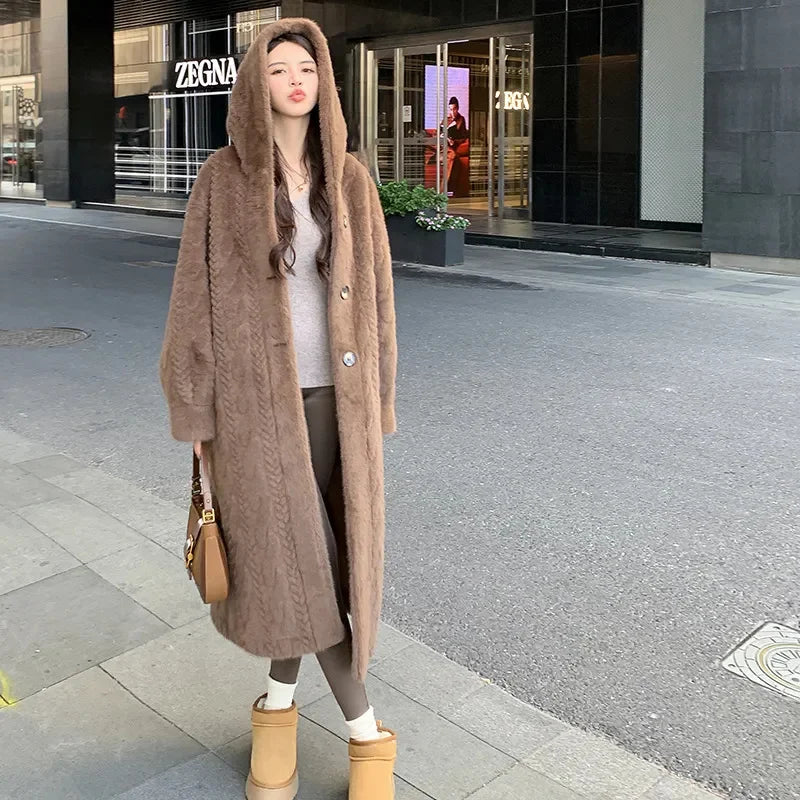  2025 Winter New Thick Women's Long Imitation Mink Plush Cardigan With Integrated Fur Eco-Friendly Hooded Fur Coat Solid Color