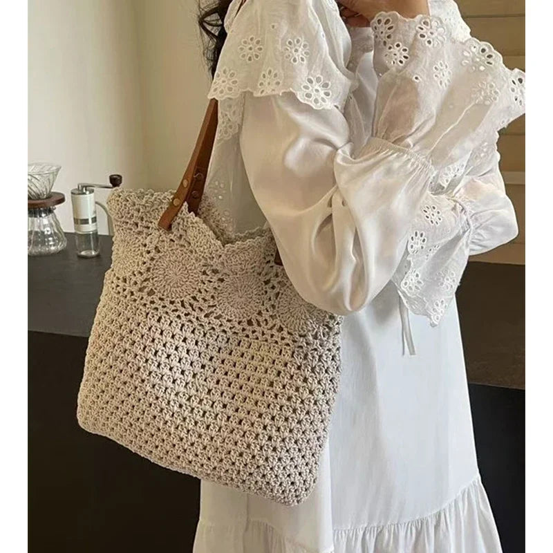 Ladies Beach Leisure Shoulder Bags Women's Summer Artistic Weaving Crochet Tote Handbags Female Retro Hollow Solid Crossbody Bag