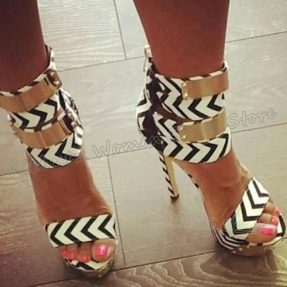 Striped Sandals Metal Decor Platform Round Toe Thin High Heels Fashion Luxury Elegant Concise Sexy Party Wedding Women Shoes New