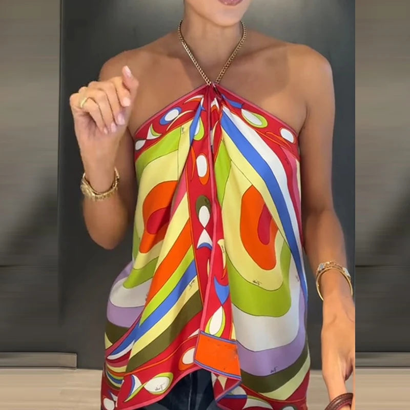 New 2025 Vacation Hollow Sleeveless Bohemian Shirt Chain Halter Pleated Club T-shirts Satin Print Slim Fit Women's Top Blouses