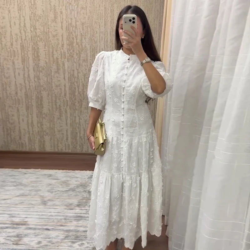Floral Puff Sleeve Empire Waist Long Dress for Women