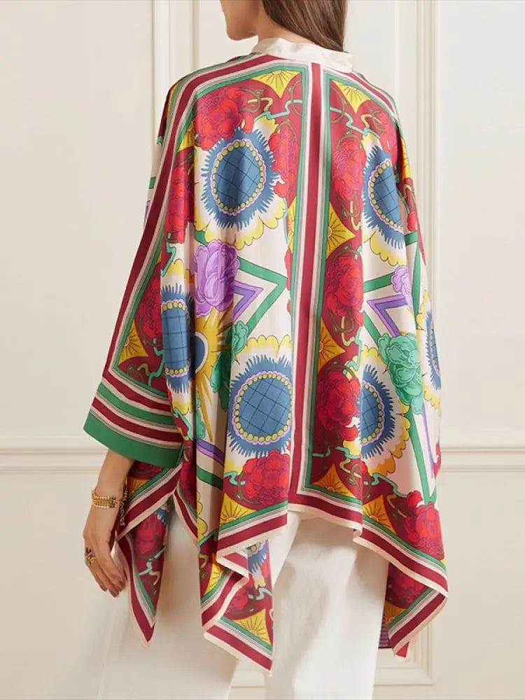 Fashion Stylish Selection Batwing Sleeves Flower Print Stand Collar Blouses Women Spring Summer High-low Buttoned Shirts Tops