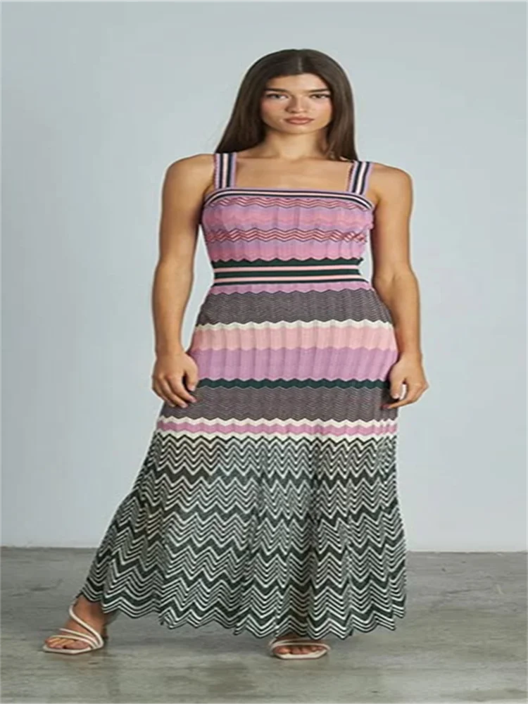Patchwork Contrast Knitted Women' Dresses Square Collar Backless Sleeveless Bohemian Long Dress Female Summer Lady Beach Robes