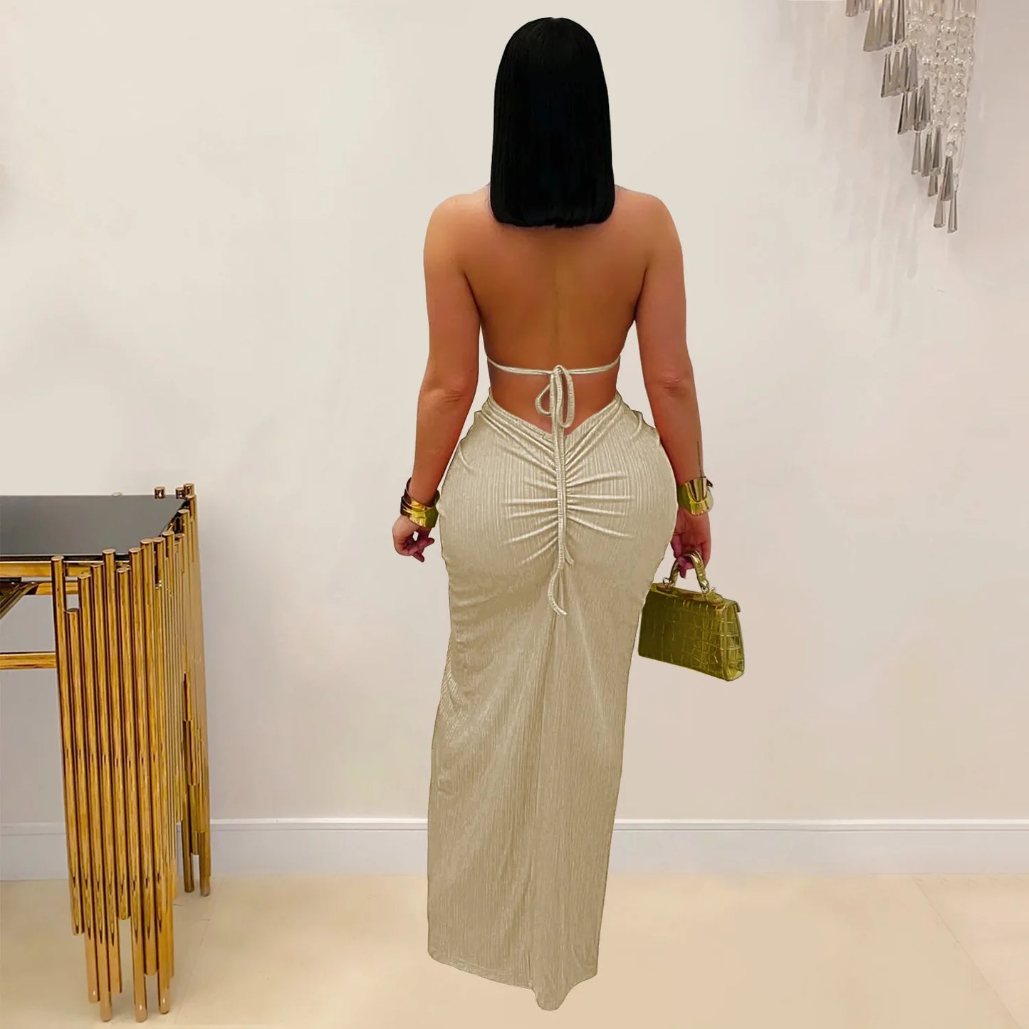 Joskaa Women's 2025 Summer Knit Halter Dress Sexy Hollow Backless Slit Bodycon Maxi Dresses Holiday Party Club Beachwear S-XXL
