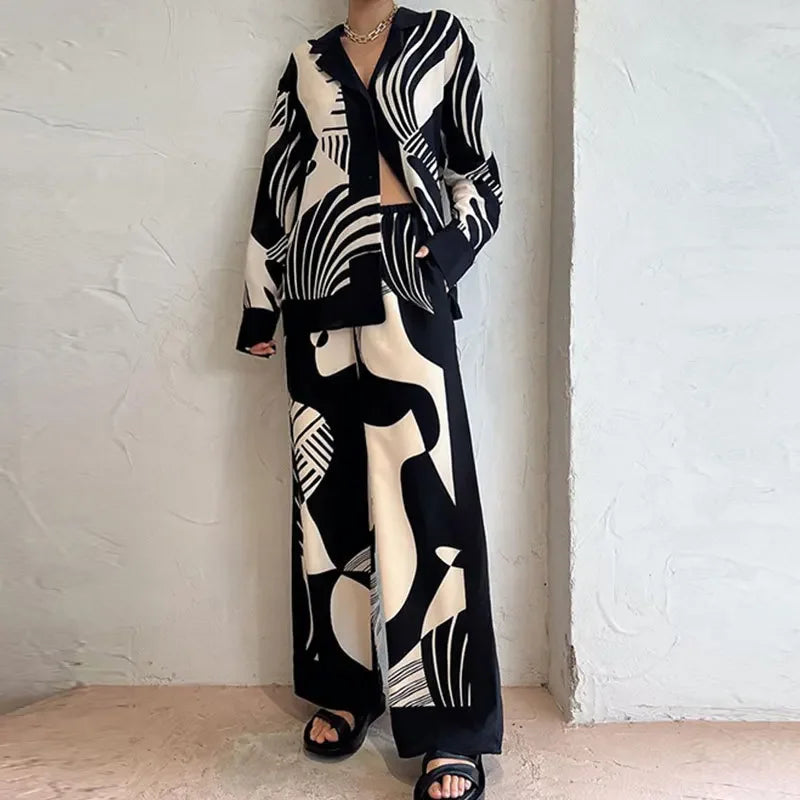 Long Sleeve Long Pant Sets Women Retro Lapel Single Breasted Blouses Trousers 2 Piece Set Printed Color-blocking Elastic Waist
