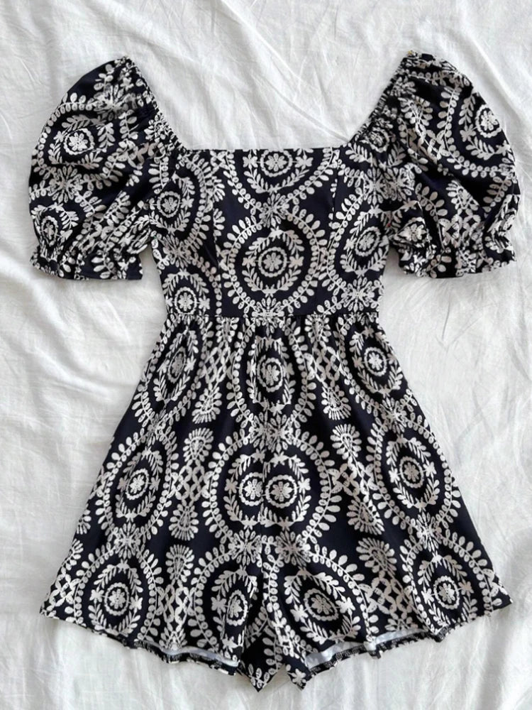 French women's thin meat-covered geometric pattern printed square-neck short-sleeved puff-sleeved jumpsuit, spring and summer
