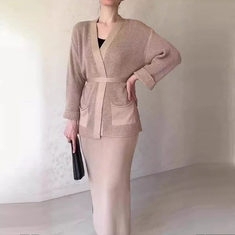 Elegant Knit Cardigan and Long Skirt Set for Women