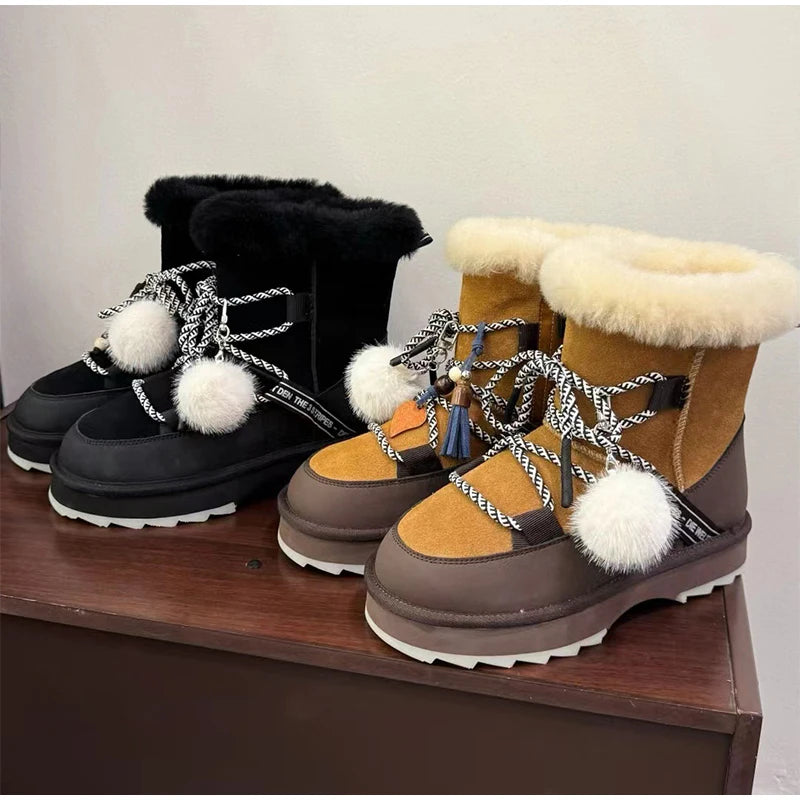 Plush Warm Snow Boots For Women Fashion Short Thick Non-slip Sports Shoes Lace-up Zipper Ankle Boots Thick Sole Shoelace Pendant