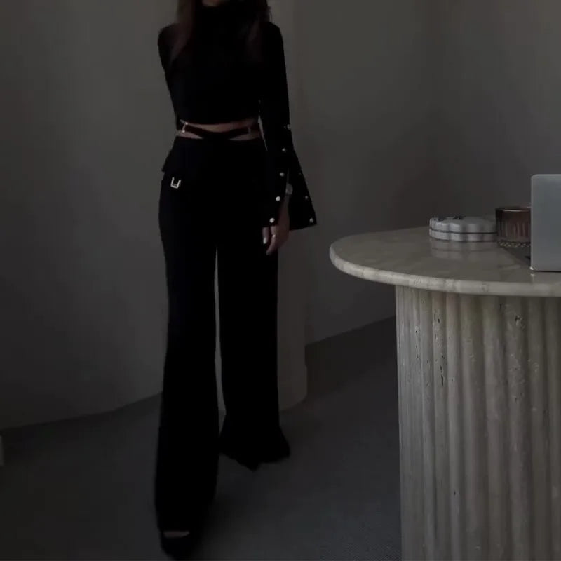 Turtleneck Top And Wide Leg Pants Set
