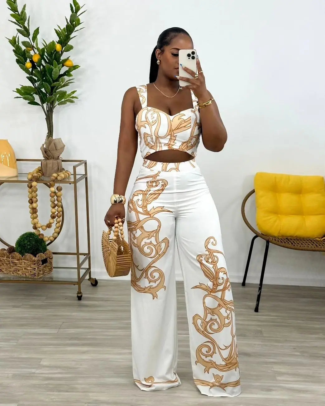 CM.YAYA 2024 Summer Women's Set Sleeveless Strapless Tops +Wide Leg Pants Print Party Street Two 2 Piece Sets Outfits Tracksuit