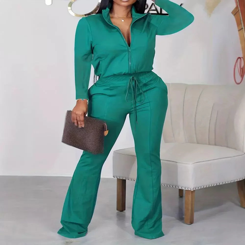 Elegant Jump Suits for Women New Fashion Zipper Design Drawstring Flared Long Sleeves Bodysuit Pants 2024 Autumn Winter Spring