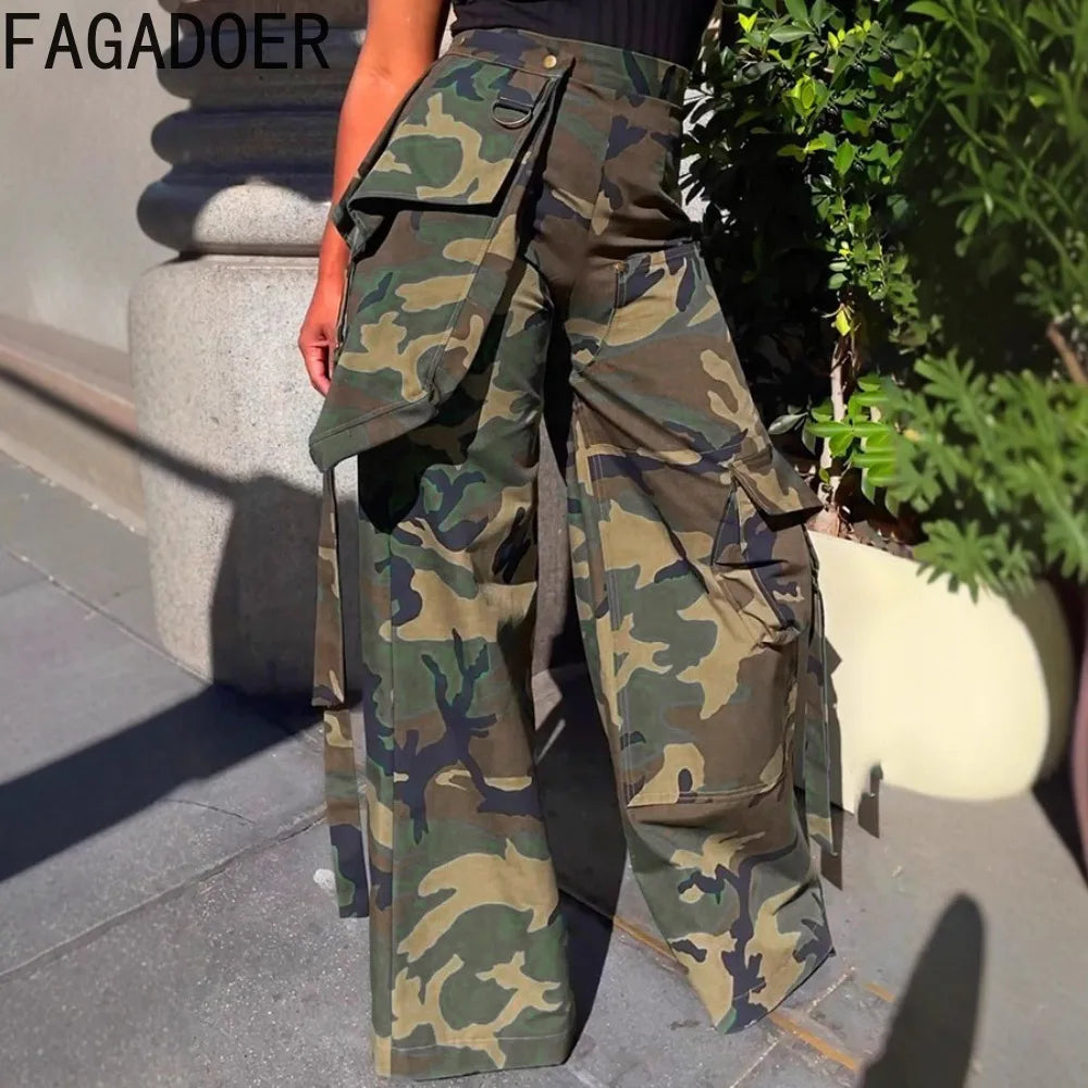 FAGADOER Fashion Camouflage Loose Pants Women High Waist Cargo Pocket Patchwork Pants Female Y2K Streetwear Bottoms 2025 New