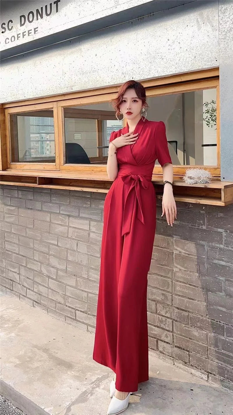 Jumpsuits Summer New High end Jumpsuit Women's Elegant Solid Color High Waist Slim Lace up Wide Leg Dropping Bodysuit Women Sets