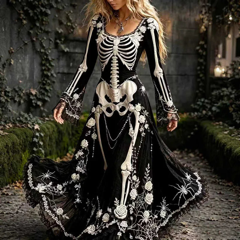 Skeleton Print Lace Flare Sleeve Maxi Dress for Women