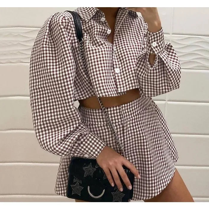 Wide Leg Pants Two Piece Set Woman Plaid Long Sleeved Shirt and High Waist 2025 Summer Fashion Casual Suit Spring and Summer New