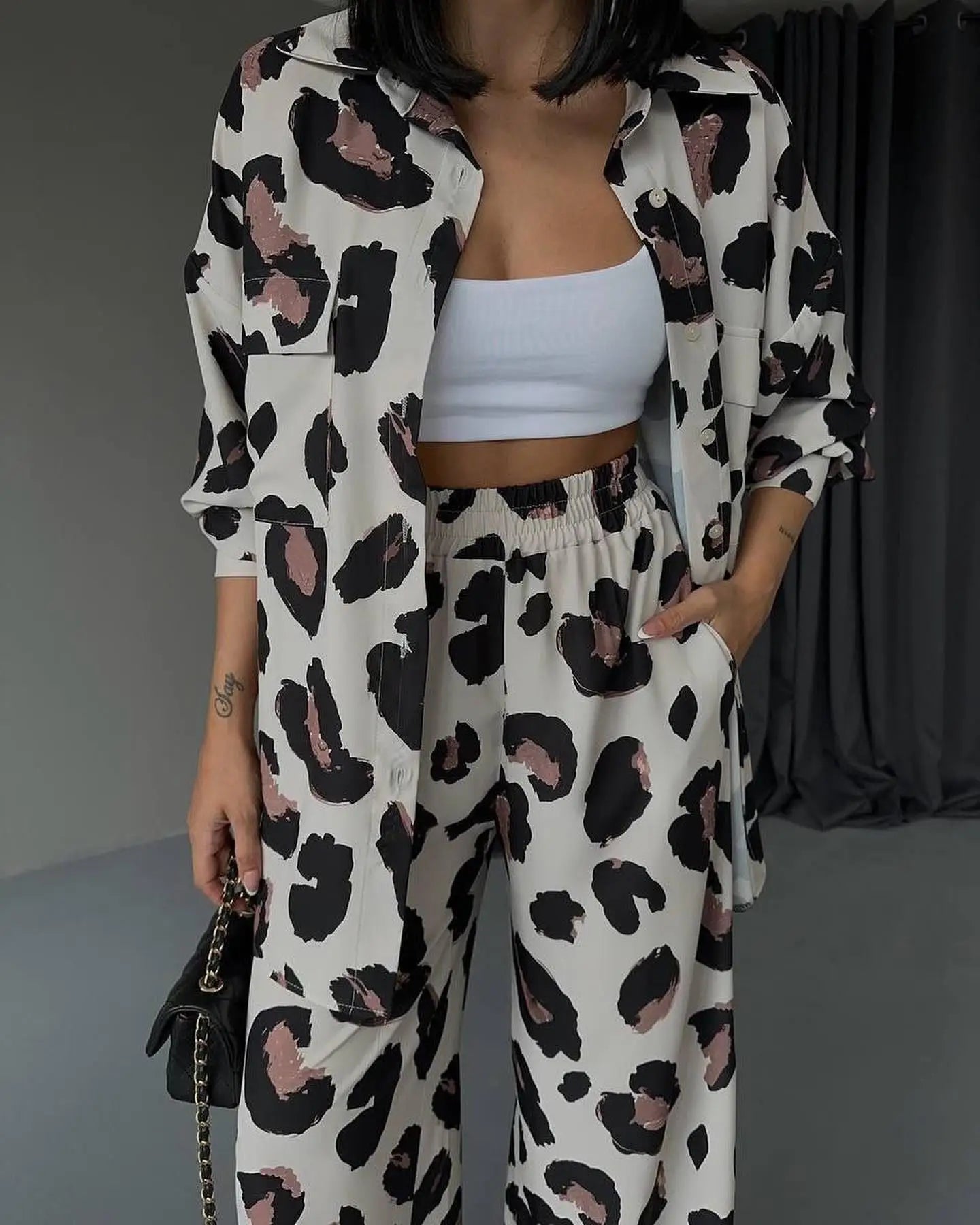 Fashion Leopard Print Women's Two Piece Sets Elegant Casual Button Streetwear Long Sleeve Shirt And Wide Leg Pants 2 Piece Sets