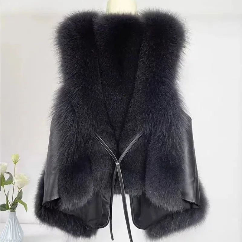 2025 Autumn Winter Women Vest Short Style Splicing Solid Color Fur Coat New