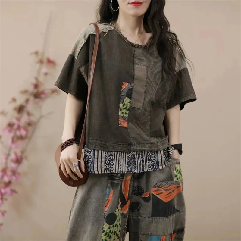 2024 Female Korean Ethnic Style Denim Harlan Pants Sets two-piece Women's Summer New Small Casual High-end Clothing Printing Set