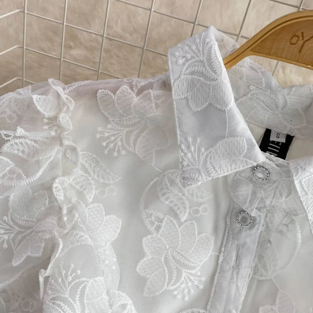 Vintage Elegant Lapel Single-Breasted White Embroidery Puff Sleeve A- Line Cake Dress Cross-Border Summer 2022