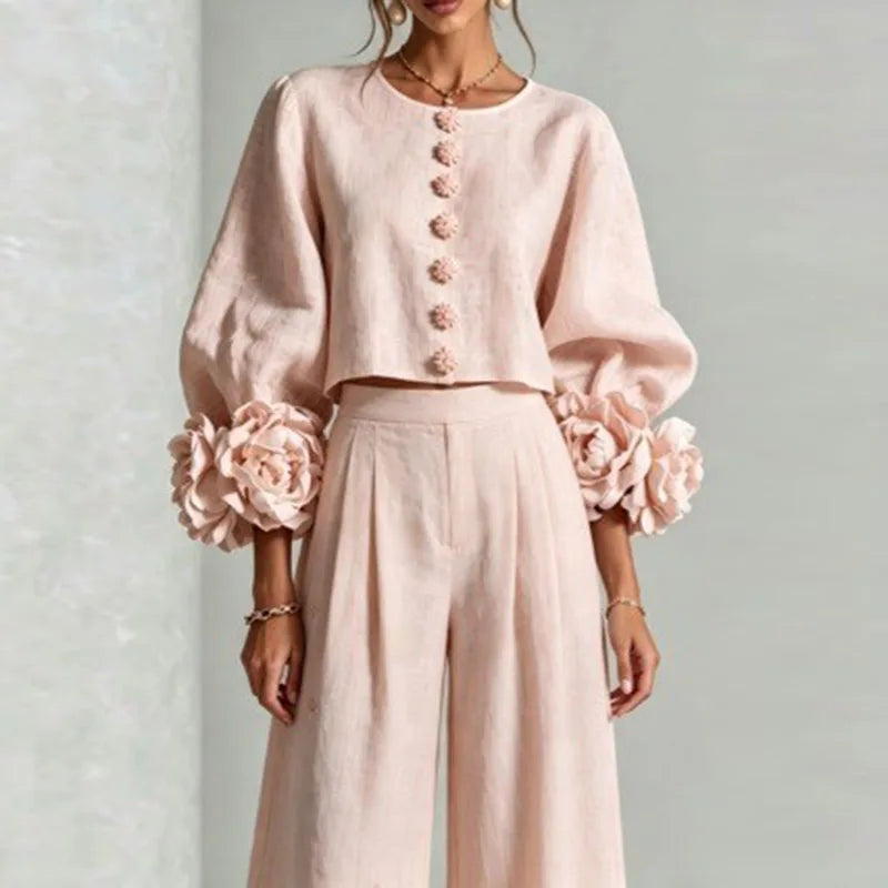 Puff Sleeve Floral Crop Top and Wide Leg Pants Set for Women