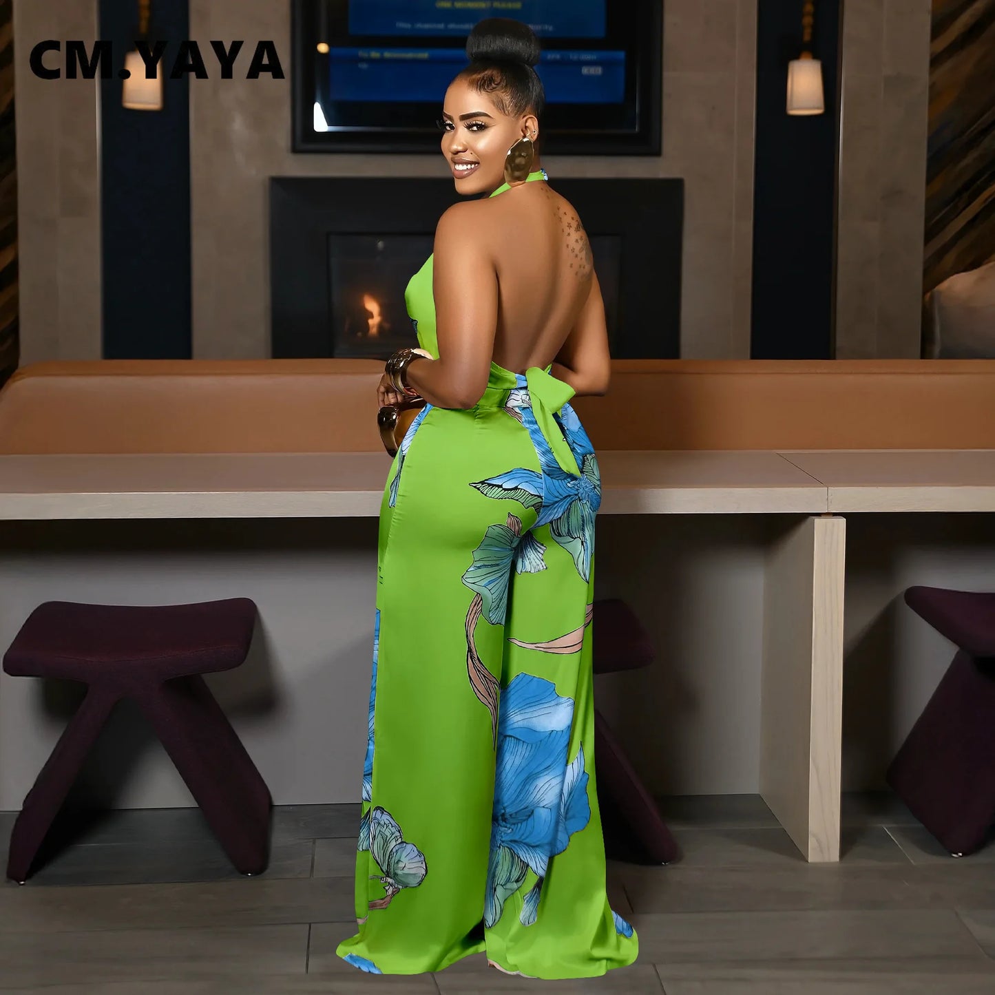 CM.YAYA Women's Set Pile Collar Elegant Floral Print Top and Wide Leg Pants Suit 2025 Summer Two 2 Piece Sets Outfit Tracksuit