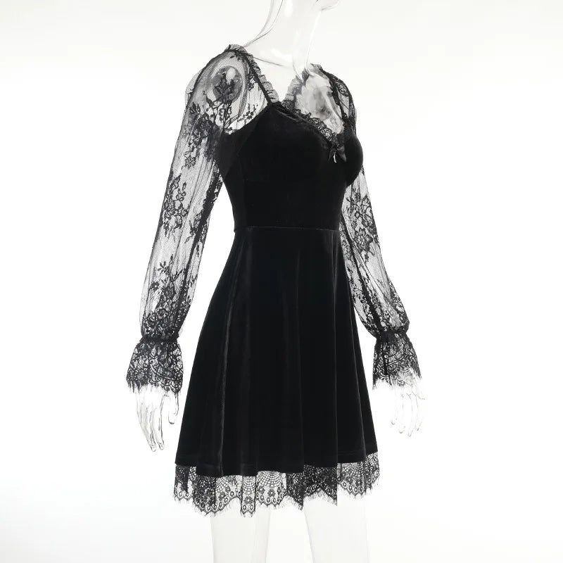 Y2K Hollow Cuffs Strapless Sexy Gothic Lace Dress Dark Style Pleated Knee-length Skirt Women‘s Slim Fit Fashion Women's Clothing