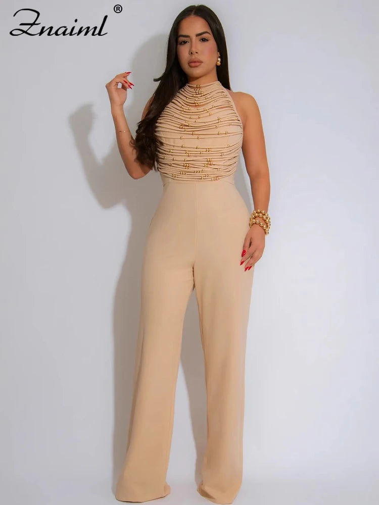 Znaiml Elegant Long Jumpsuits for Women Summer Sleeveless Halter Lace Up Backless Bandage Wide Leg Pants Rompers One Pieces 2025